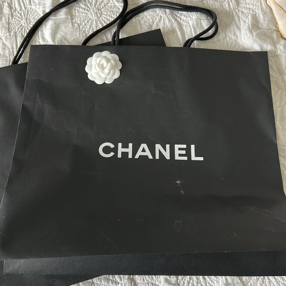 CHANEL Black and White Signature Shopping Bags-includes 2 bags 19.5 x 17.5 - Picture 2 of 4